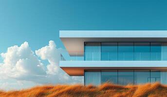 A large white house with a balcony and a view of the sky. The house is surrounded by a field of flowers photo
