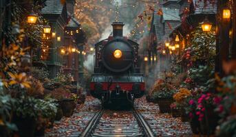 A train is traveling down a track in a city. The train is surrounded by many potted plants and flowers, giving the scene a peaceful and serene atmosphere. photo