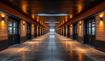 A long hallway with many doors and windows. The hallway is lit up with lights. Scene is bright and welcoming photo