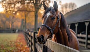 A brown horse is standing in front of a wooden fence. The horse is looking at the camera with a curious expression. photo