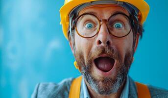 A man with a hard hat and glasses is wearing a surprised expression. He is looking at the camera and he is in a construction zone photo