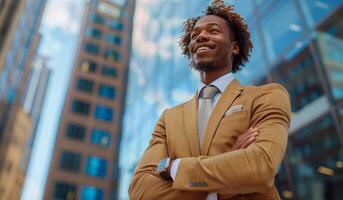 A man in a gold jacket and tie stands in front of a building with his arms crossed. He is smiling and he is confident and proud photo