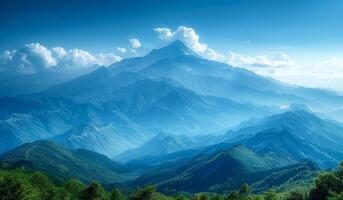 The mountains are covered in trees and the sky is blue. The mountains are very tall and the sky is clear photo