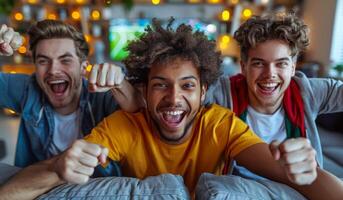 Three men are smiling and cheering while wearing yellow shirts. They are all holding their hands up in the air photo