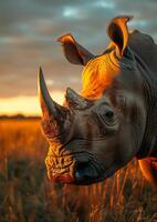 A rhino is standing in a field with the sun setting behind it photo