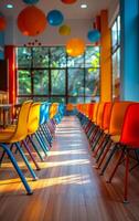 A long row of colorful chairs are lined up in a room. The chairs are arranged in a way that they are facing a window, which is letting in sunlight. photo