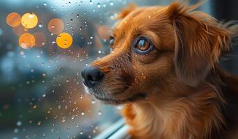 A dog is looking out the window at the rain. The raindrops on the window create a blurry background, making the dog the main focus of the image photo