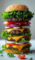 A huge hamburger with lots of toppings including lettuce, tomatoes, onions, and cheese photo