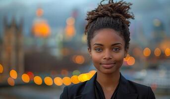 A woman with a black jacket and a ponytail is smiling at the camera photo