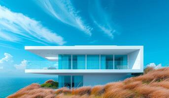 A white house with a balcony overlooking the ocean. The house is surrounded by a hillside and has a lot of greenery photo