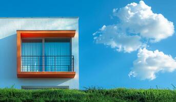A white building with a balcony and a blue sky with clouds. The building is surrounded by green bushes photo