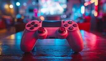 A white controller is on a wooden table. The controller is surrounded by a red and blue background photo