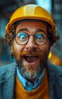 A man with a yellow helmet and glasses is smiling and making a funny face. The image has a lighthearted and humorous mood photo