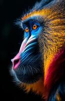A close up of a monkey's face with a red, blue, and yellow stripe on its face photo