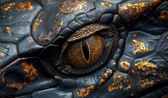 A close up of a crocodile's eye with a gold rim. The eye is surrounded by a black and gold pattern photo
