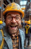 A man with a yellow helmet and glasses is smiling and laughing photo