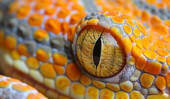 A close up of a snake's eye with a yellow iris. The eye is surrounded by a pattern of orange and brown spots photo