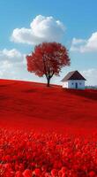 A red field with a white house and a tree in the middle. The field is full of red flowers, giving the scene a warm and inviting atmosphere photo