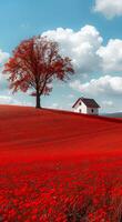 A house is on a hill with a red field in the background photo