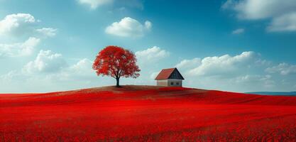 A small red house sits on a hill in a field of red flowers. The sky is clear and blue, with a few clouds scattered throughout photo