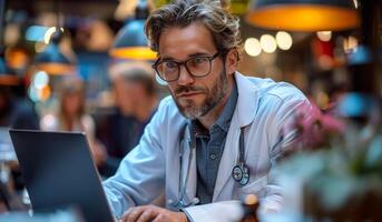 A man in a white lab coat is sitting at a table with a laptop. He is wearing glasses and he is focused on his work. photo
