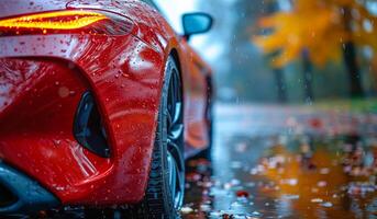 un rojo coche es estacionado en el lluvia con sus espalda frente a el cámara. el coche es mojado y brillante, reflejando el ligero desde el faros foto