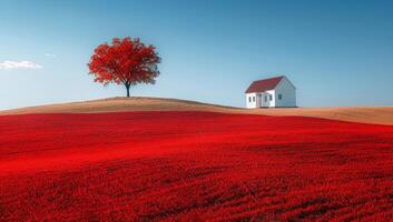 A red field with a white house and a tree in the foreground. The field is full of red flowers photo