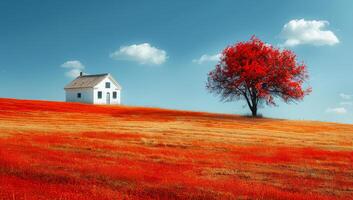 A house is on a hill with a tree in front of it. The scene is peaceful and serene photo
