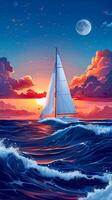 A sailboat is sailing in the ocean at sunset. The sky is filled with clouds and the sun is setting photo