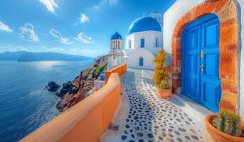 A blue door is in front of a building with a blue dome. The door is open and the building is on a stone walkway. photo