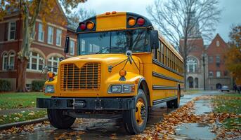 A yellow school bus is parked on a street. The bus is parked in front of a brick building photo