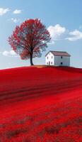 A red house sits on a hillside next to a tree. The scene is peaceful and serene photo