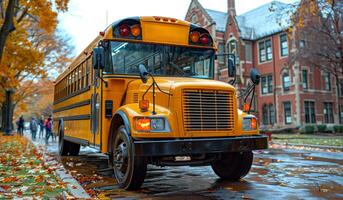A yellow school bus is parked on a street in front of a brick building. The bus is surrounded by people walking on the sidewalk photo