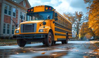 A yellow school bus is parked on a wet road. The bus is parked in front of a brick building photo