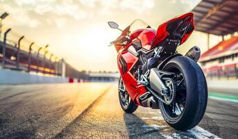 A red motorcycle is parked on a track. The sun is setting in the background, casting a warm glow on the scene. photo