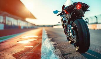 A motorcycle is parked on a race track. The motorcycle is black and has a red tail light. photo