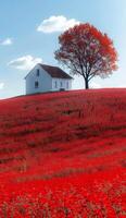 A house is on a hill with a tree in front of it photo