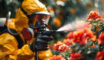 A man in a yellow suit spraying flowers with a hose photo