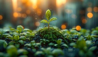 A small plant is growing in a field of green plants. The plant is surrounded by other plants, but it stands out as the main focus of the image photo