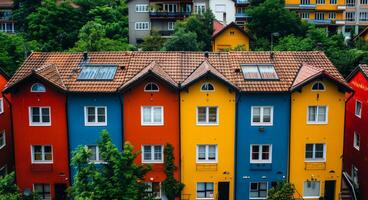 A row of colorful houses with a green yard in between photo