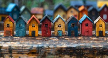 A row of small houses are lined up on a wooden table. The houses are of different colors and sizes, and they are all lined up in a row. photo
