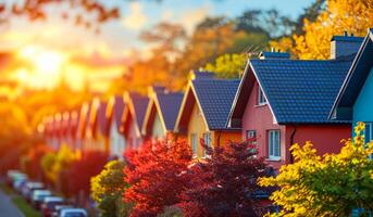 A row of houses with red roofs and yellow trim. The houses are lined up on a street with trees in the background. photo