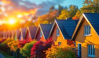 A row of houses with red roofs and yellow trim. The houses are lined up next to each other and the sun is shining on them. photo