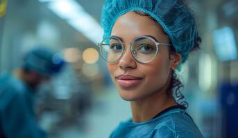 A woman wearing a blue lab coat and a blue hat with a white stripe photo