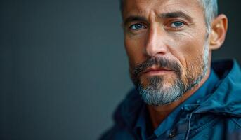 A man with a beard and glasses is wearing a blue jacket. He looks tired and is looking at the camera photo