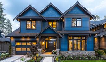 A large blue house with a black front door and a garage. The house is well lit and has a welcoming atmosphere photo