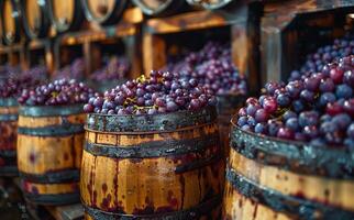 A bunch of grapes are in a barrel. The barrel is wooden and has a black rim. The grapes are in different sizes and are spread out photo