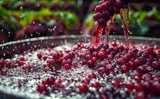 A bowl of red grapes is being poured into a bucket. The grapes are wet and the water is splashing out of the bowl. photo