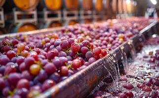 A bunch of grapes are being washed in a trough photo