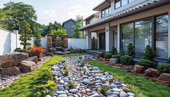 A house with a large yard and a rock garden. The yard is filled with rocks and plants, and there is a small waterfall. photo